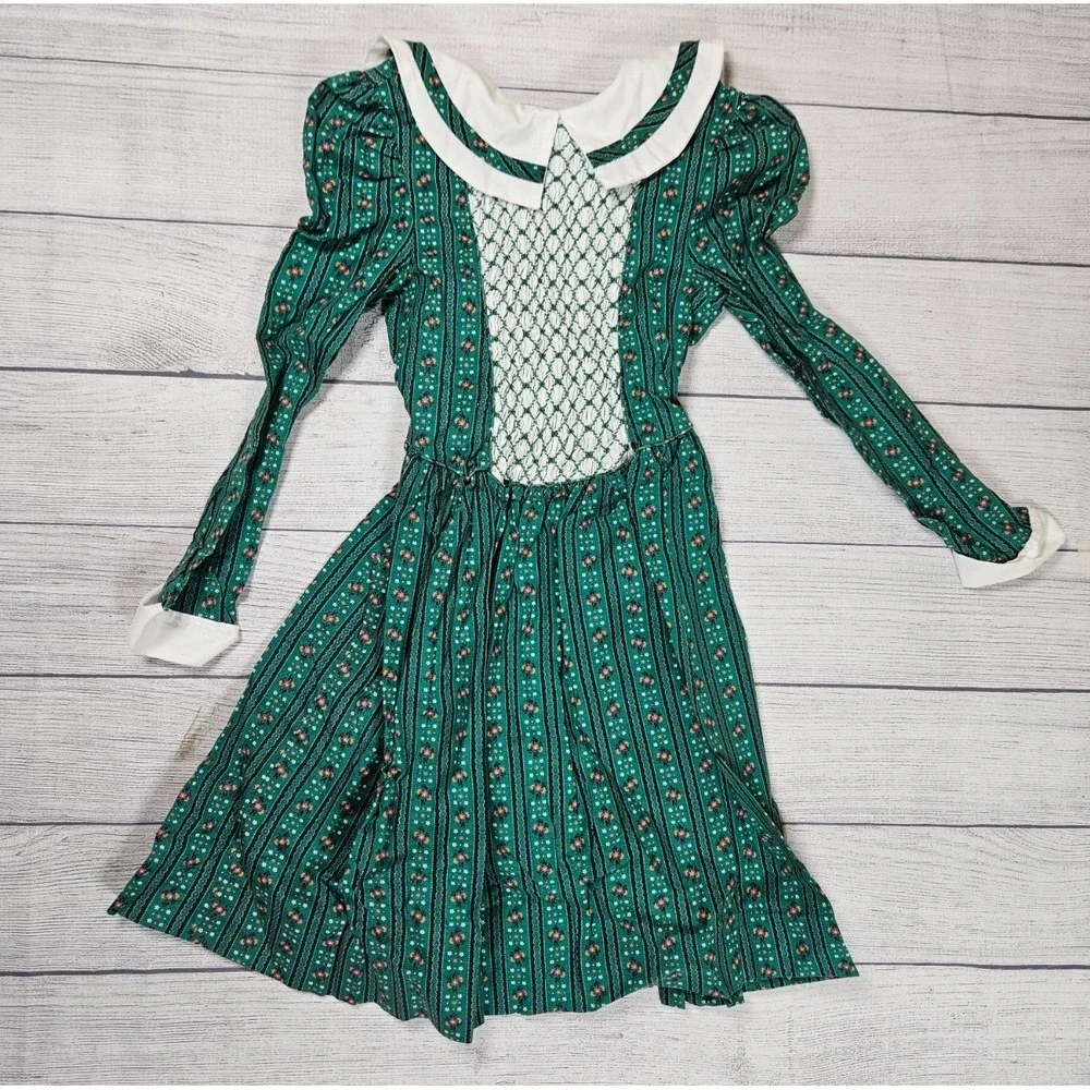 Polly Flinders Dress Girls Size 10 Green Cotton Floral Peter Pan Collar